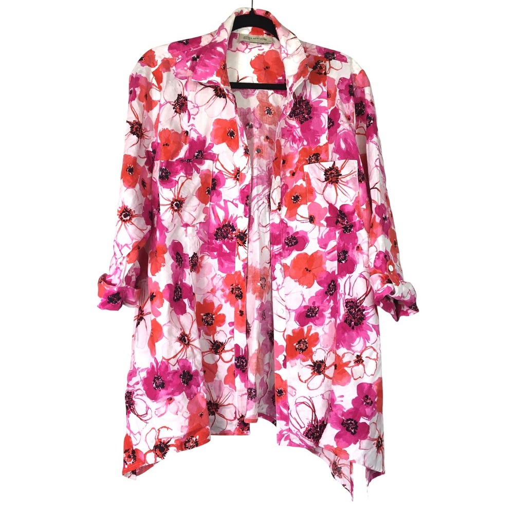 Jones New York Sport Floral Linen Button Up Tunic XL Pink